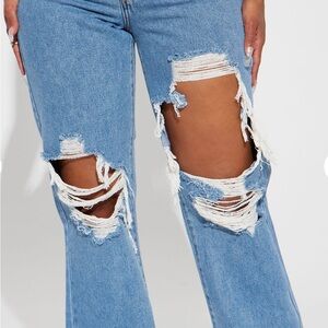 Drive you crazy ripped non stretch straight leg jeans- mediumwash